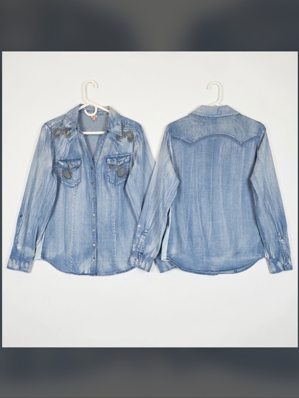Reba Embroidered Stonewashed Denim Shirt Knit Side Panels Lg